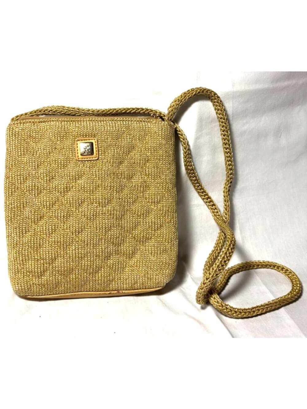 Lina Gold Metallic Crossbody Hangbag Purse Knit Fabric Rope Strap